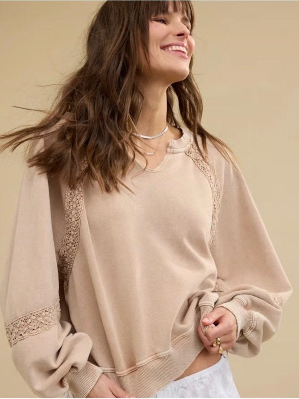 Aerie Women's Butter Yellow Hey Crochet Boho Beachy Oversized Sweatshirt Sz L